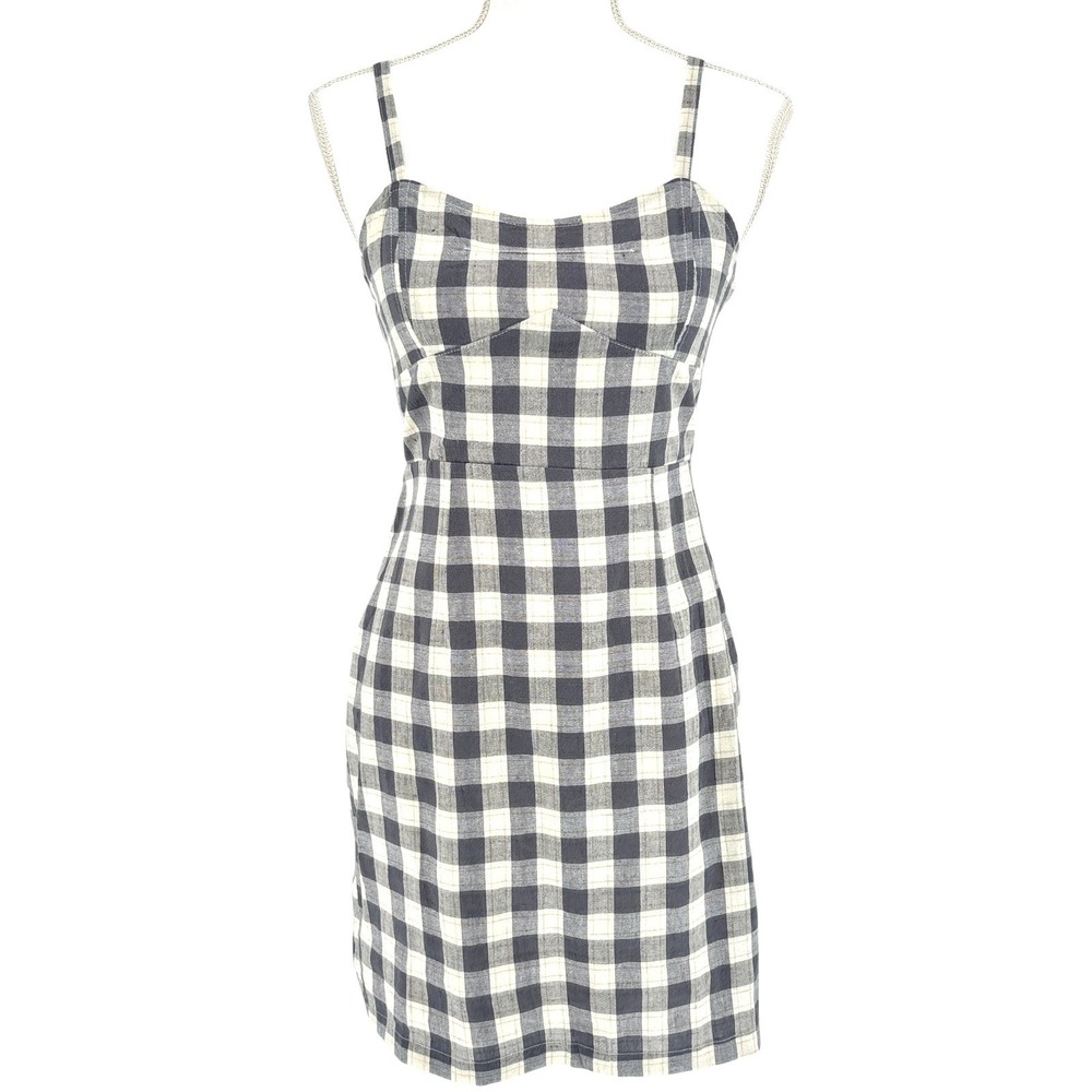 Promesa Gingham Mini Dress Black Cream Smocked Back Strappy Medium Cottagecore